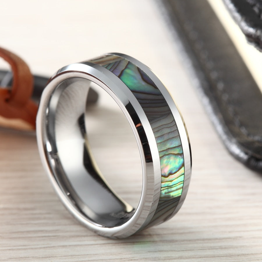 Green Abalone Tungsten Carbide Polished Ring