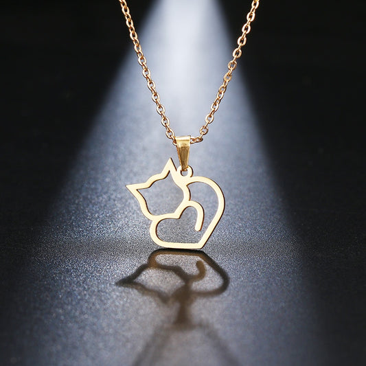 Stainless Steel Polished Cat Heart Pendant Necklace