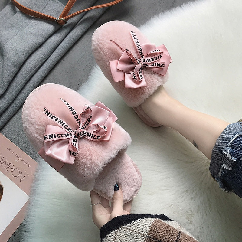 Fur Big Bow Slippers