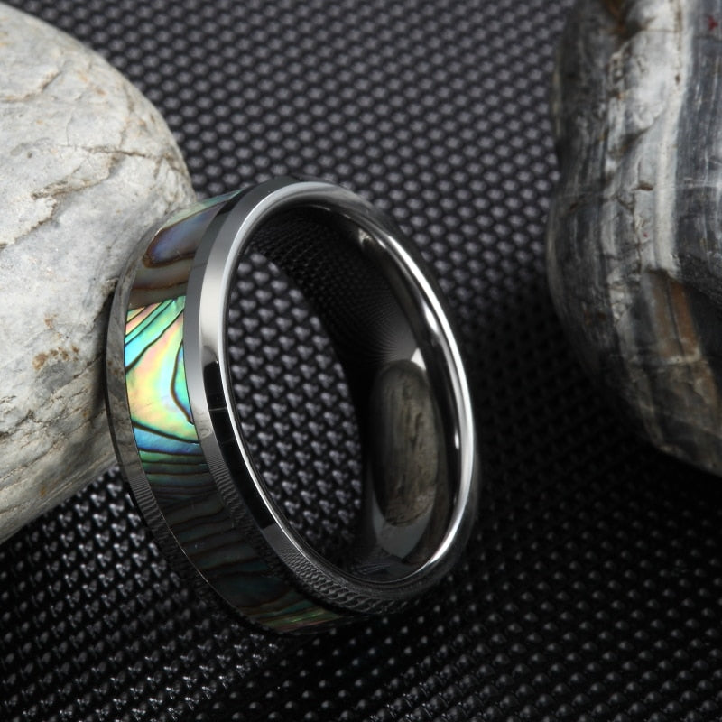 Green Abalone Tungsten Carbide Polished Ring