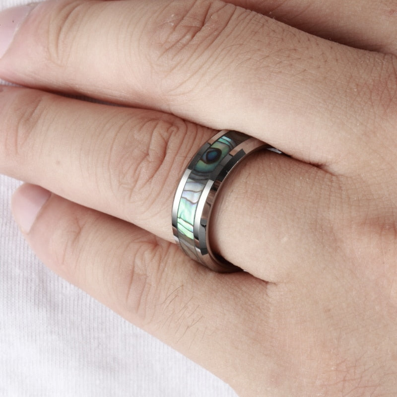 Green Abalone Tungsten Carbide Polished Ring