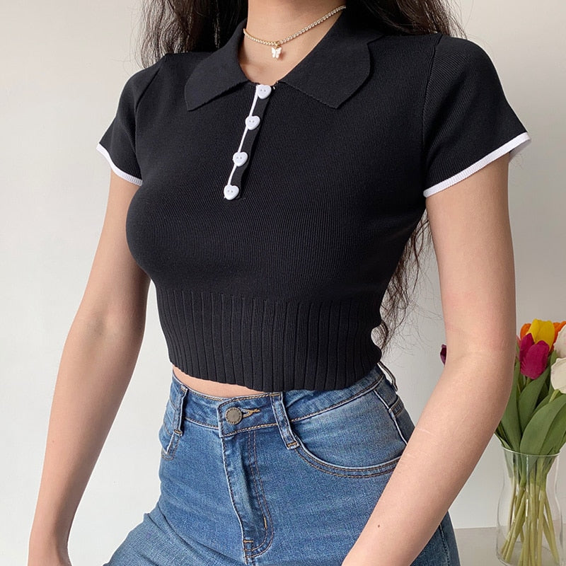 Button Up Ribbed Polo Crop Top