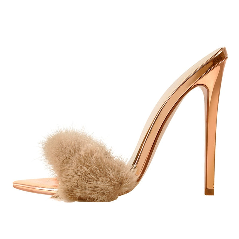 Fur High Heel Pointed Mules