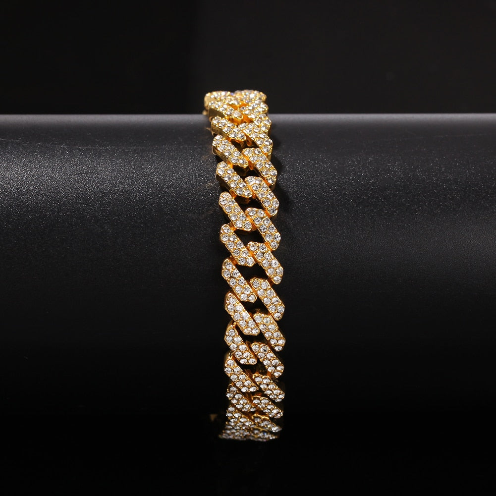 12mm Rhinestone Cuban Chain Link Bracelet