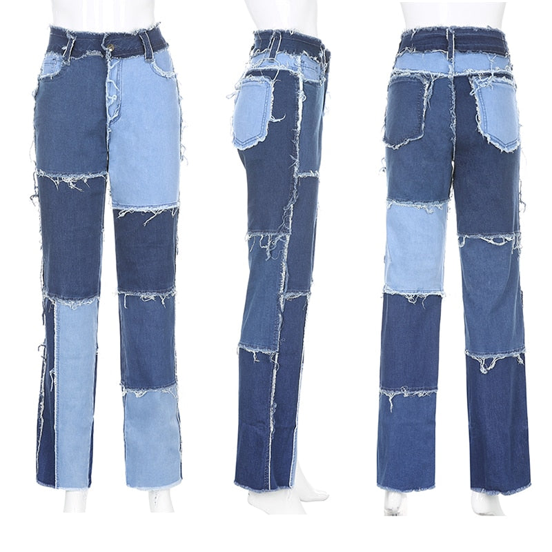 Patchwork High Waist Straight Leg Jeans