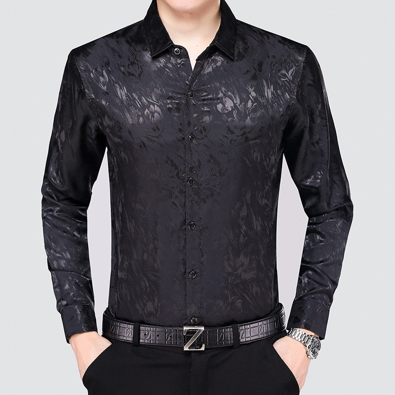 Satin Floral Print Long Sleeve Dress Shirt