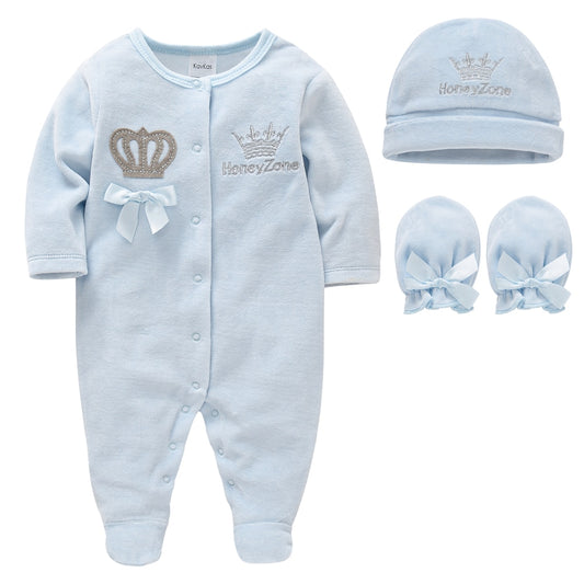 3pcs Cotton Crown Embroidered Baby Sleeper Set w/ Matching Hat & Mittens