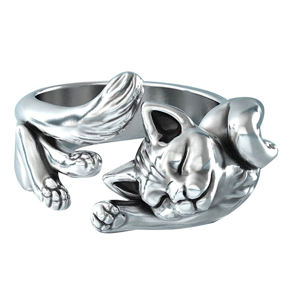 Silver Vintage Cuddly Kitten Ring