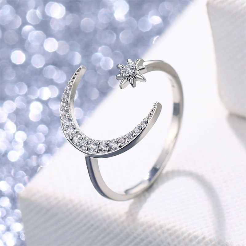 Moon And Star Rhinestone Ring