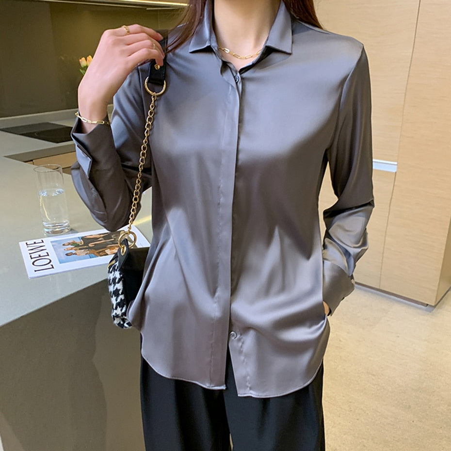 Satin Long Sleeve Button Up Blouse