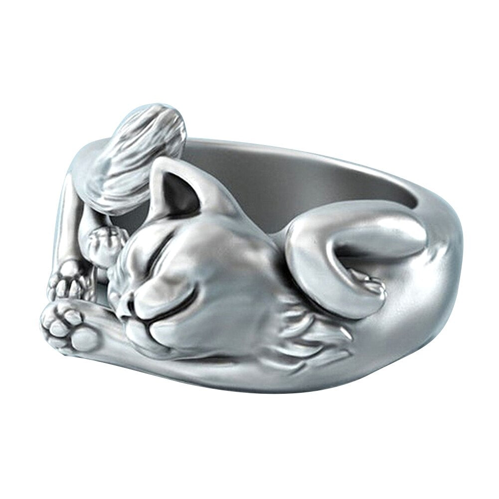 Silver Vintage Cuddly Kitten Ring