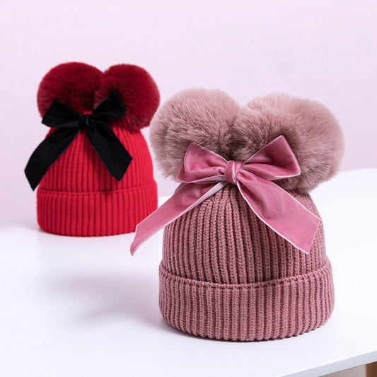 Pompom Knitted Velvet Bow Baby Beanie