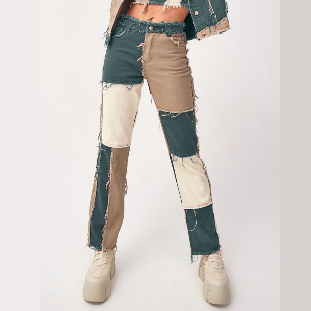 Patchwork High Waist Straight Leg Jeans