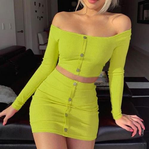 Off The Shoulder Long Sleeve Crop Top w/ Skirt 2pcs