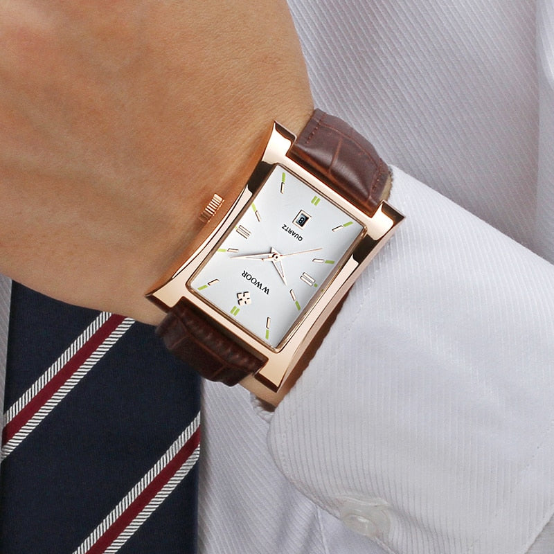 White Gold Leather Rectangle Watch