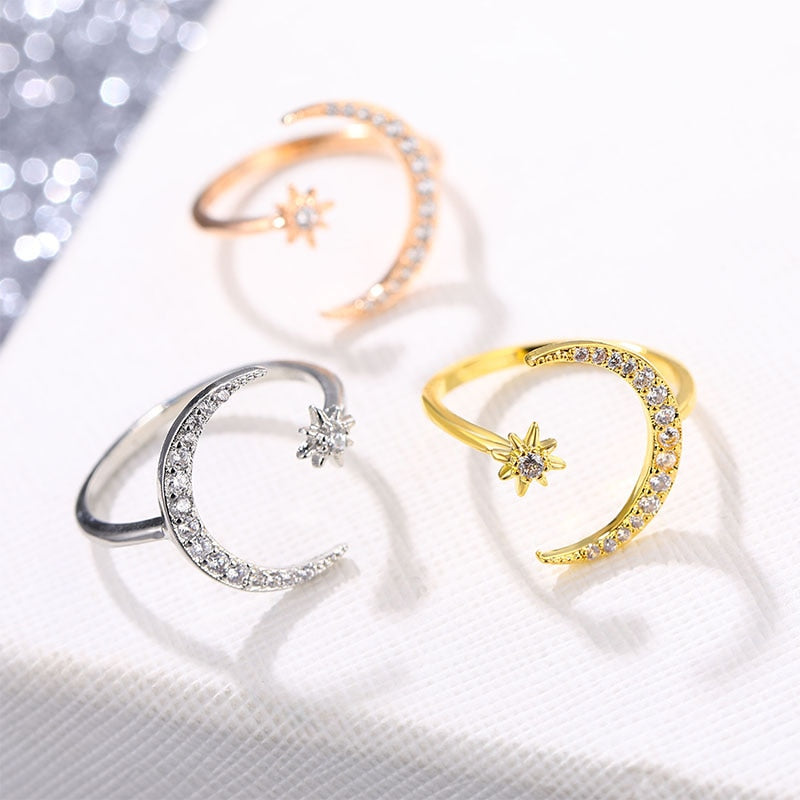 Moon And Star Rhinestone Ring