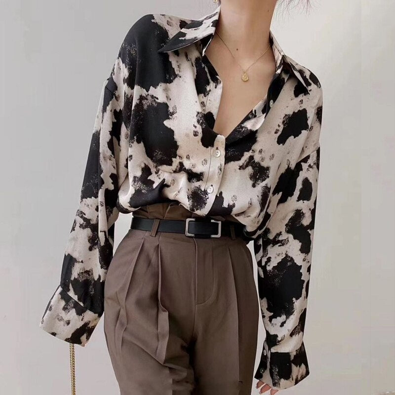 Cow Print Button Up Long Sleeve Blouse