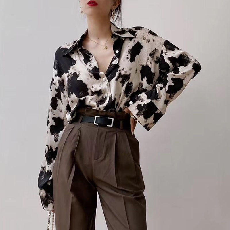 Cow Print Button Up Long Sleeve Blouse