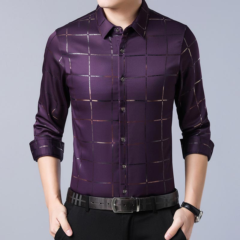 Satin Plaid Long Sleeve Dress Shirt