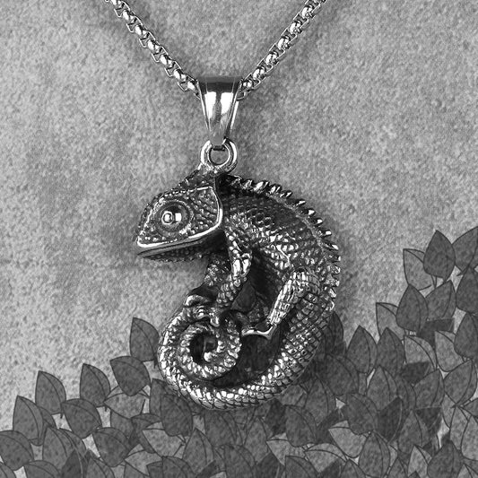 Vintage Stainless Steel Chameleon Pendant Necklace