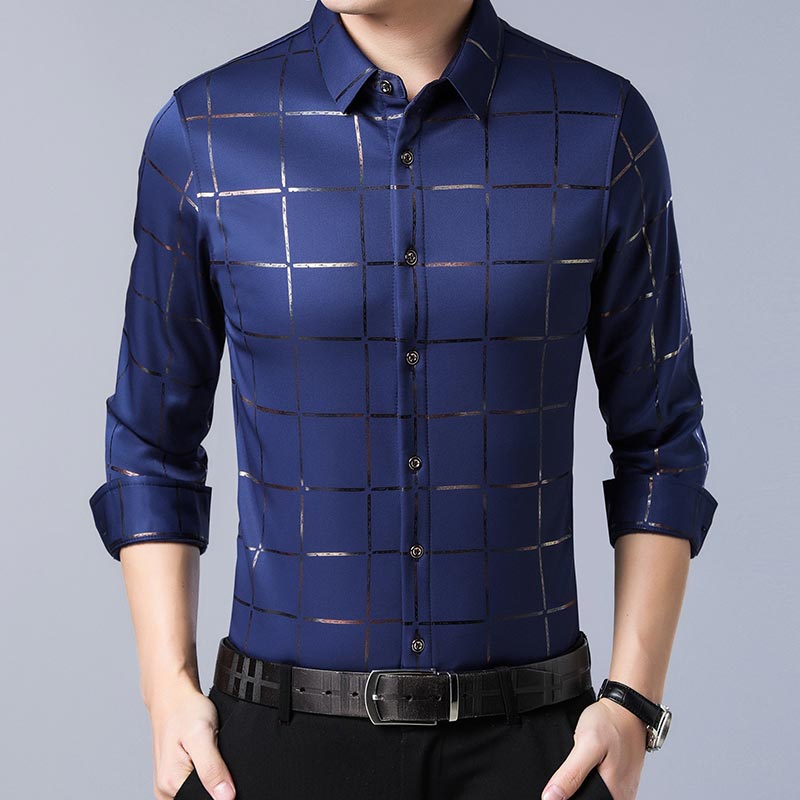 Satin Plaid Long Sleeve Dress Shirt