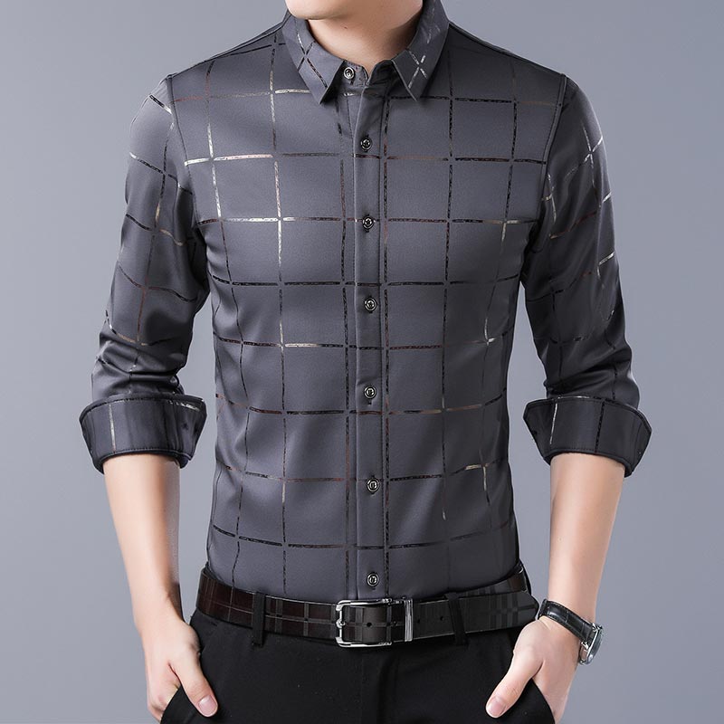 Satin Plaid Long Sleeve Dress Shirt