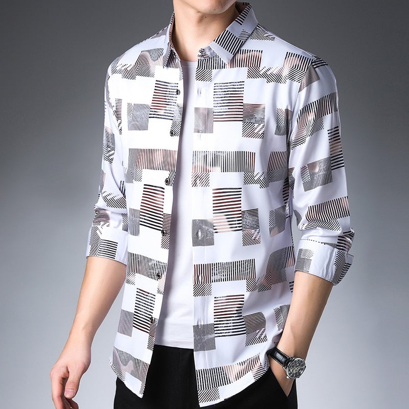 Satin Print Long Sleeve Dress Shirt