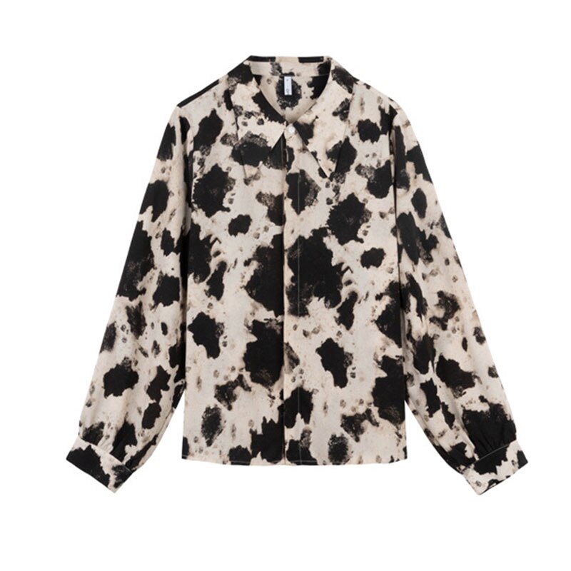 Cow Print Button Up Long Sleeve Blouse