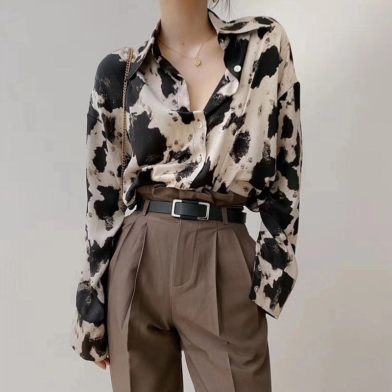 Cow Print Button Up Long Sleeve Blouse