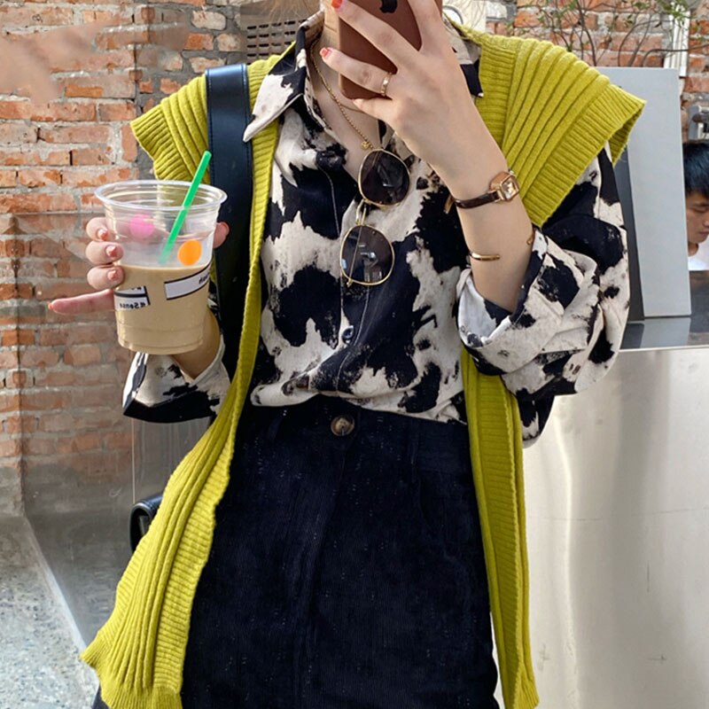 Cow Print Button Up Long Sleeve Blouse