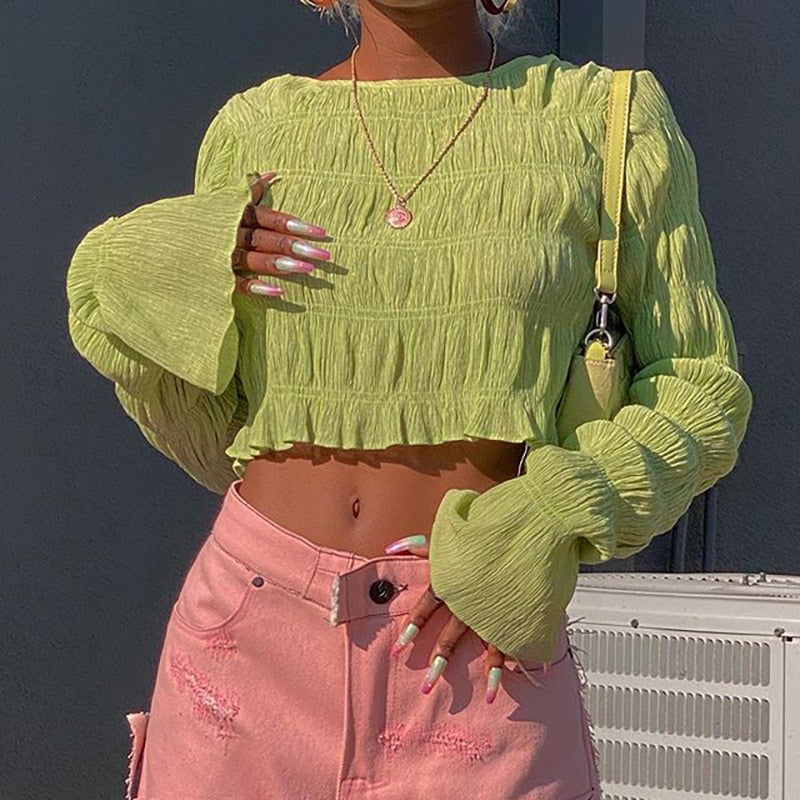 Pleated Long Sleeve Crop Top