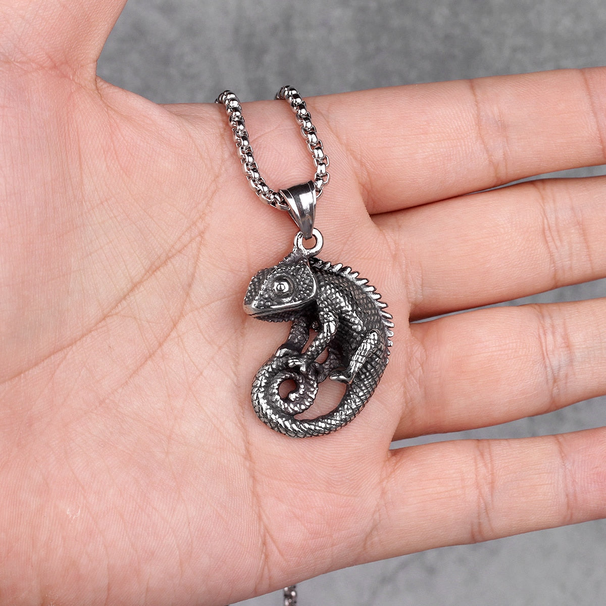 Vintage Stainless Steel Chameleon Pendant Necklace