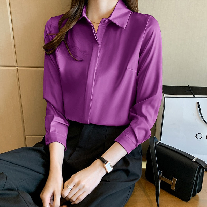 Satin Long Sleeve Button Up Blouse