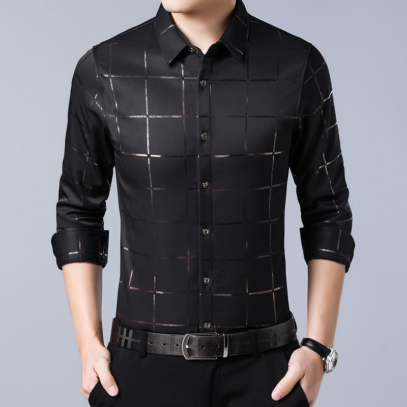 Satin Plaid Long Sleeve Dress Shirt