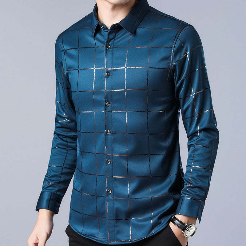 Satin Plaid Long Sleeve Dress Shirt