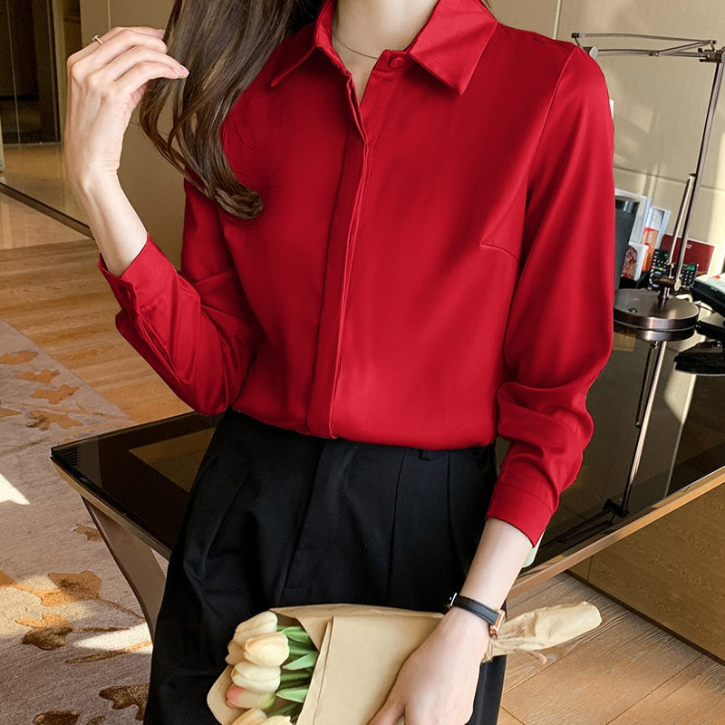 Satin Long Sleeve Button Up Blouse