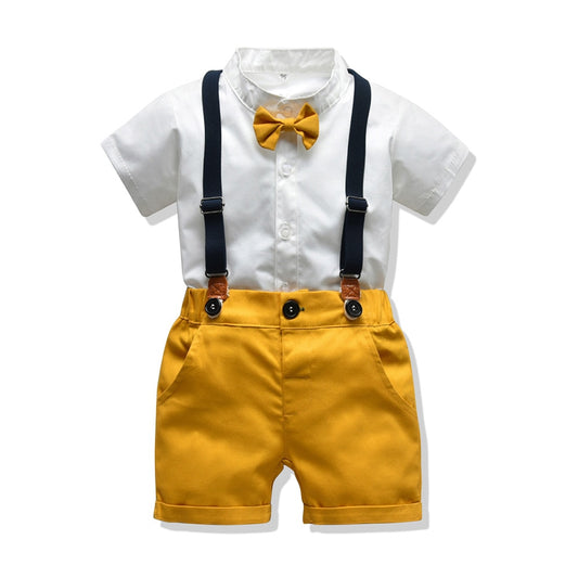 2pcs Button Up Short Sleeve Bowtie Shirt w/ Suspenders Baby Outfit Set