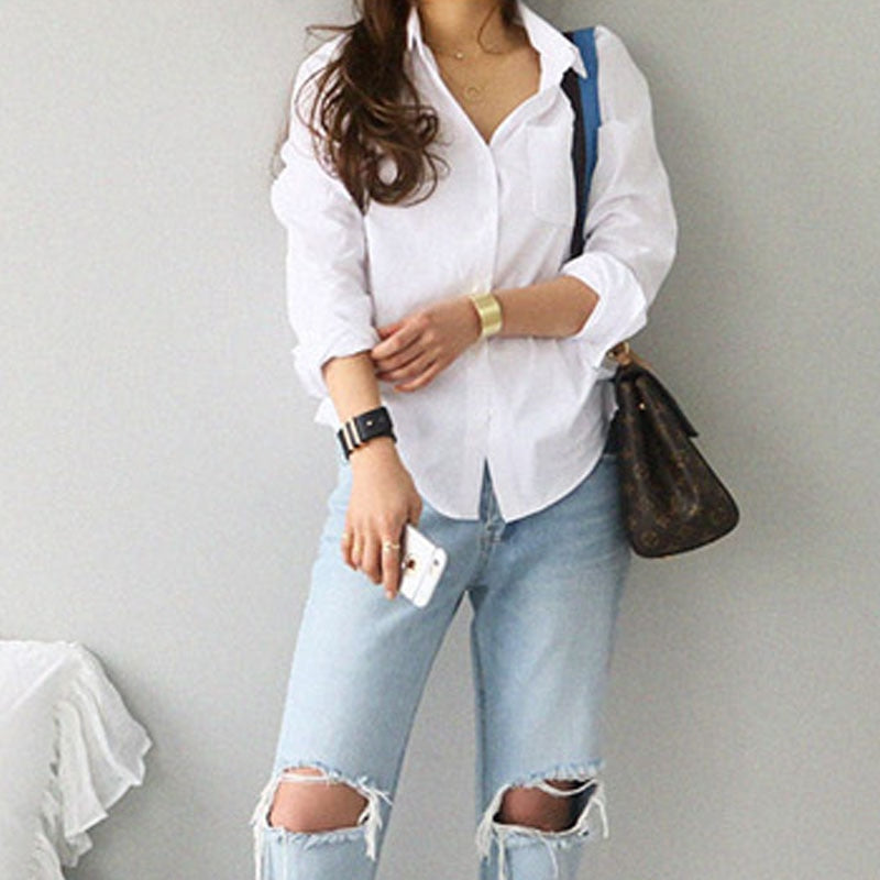 Long Sleeve Turn-Down Collar Blouse