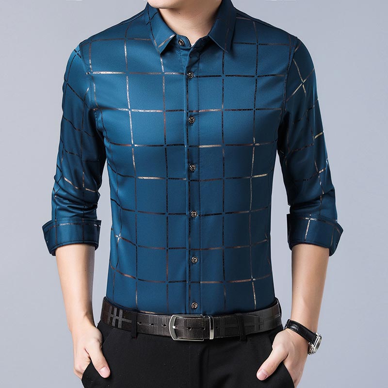 Satin Plaid Long Sleeve Dress Shirt